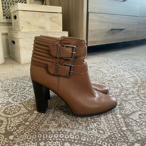 Express camel high buckled booties
